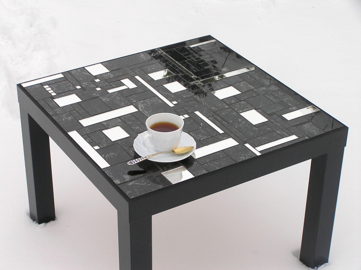 Black coffee table modern furniture with mirror pieces chic mosaic  OOAK