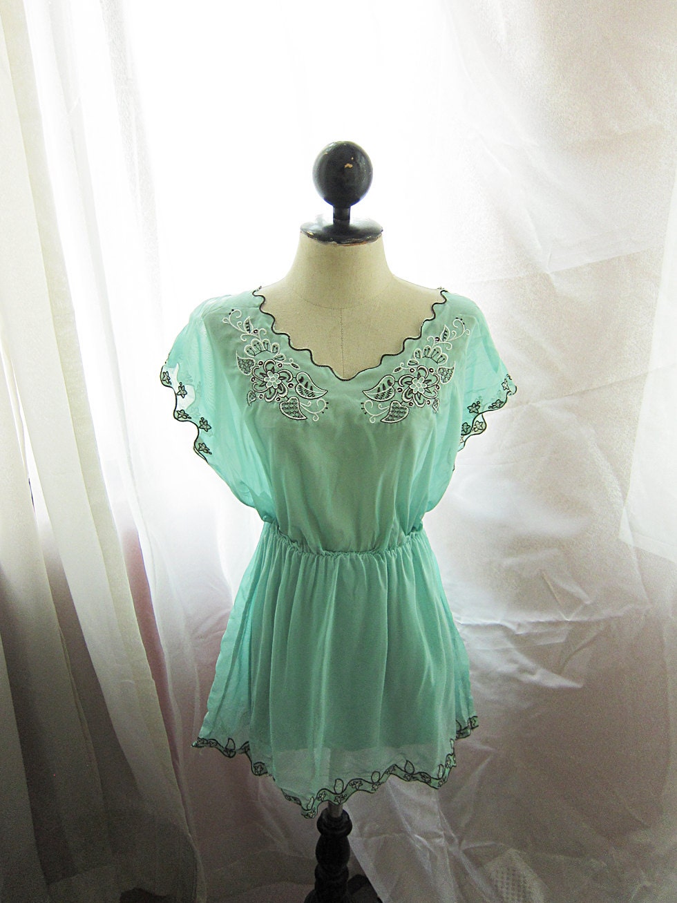 Nostalgic Breakfast at Tiffany's Mint Seafoam Blue Angel Marie Antoinette Ballerina Vintage Leaf Chiffon Kimono Semi Sheer Dress Long Tunic