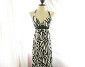 White Safari Exotic Egyptian Greek Goddess Tropical Summer Island Black Leaves Grass Blades Beach Gypsy Hippie Bohemian Long Maxi Dress