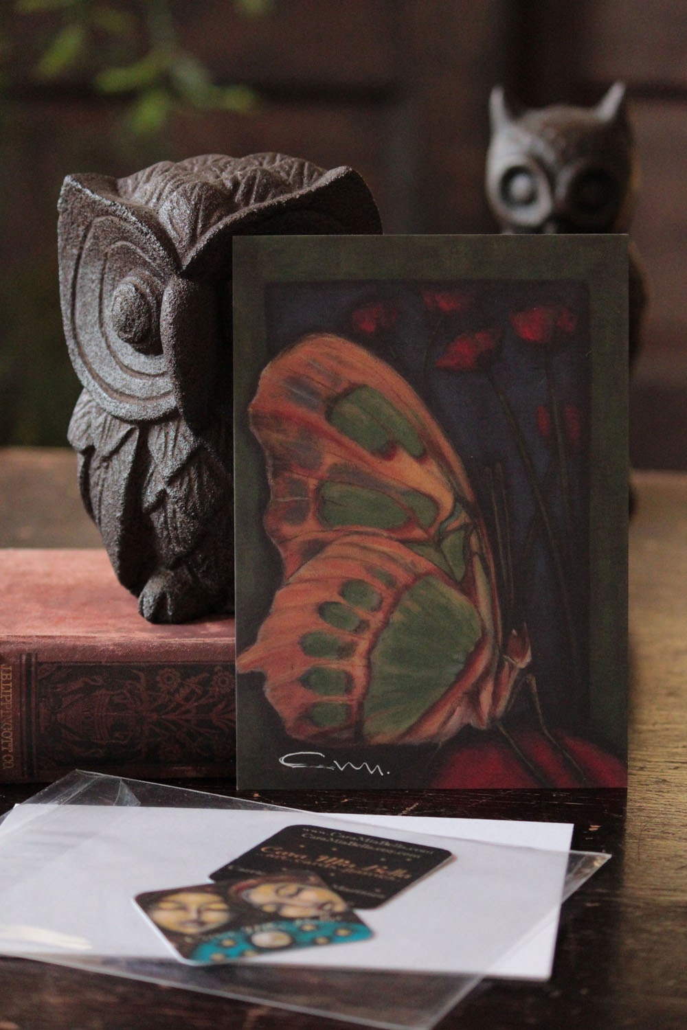 Butterfly with Scarlet Poppies Art Deco Inspired Acrylic Painting Small Art Collector's Print 5 x 7 Moth Fairy Garden Nature Wings Flower