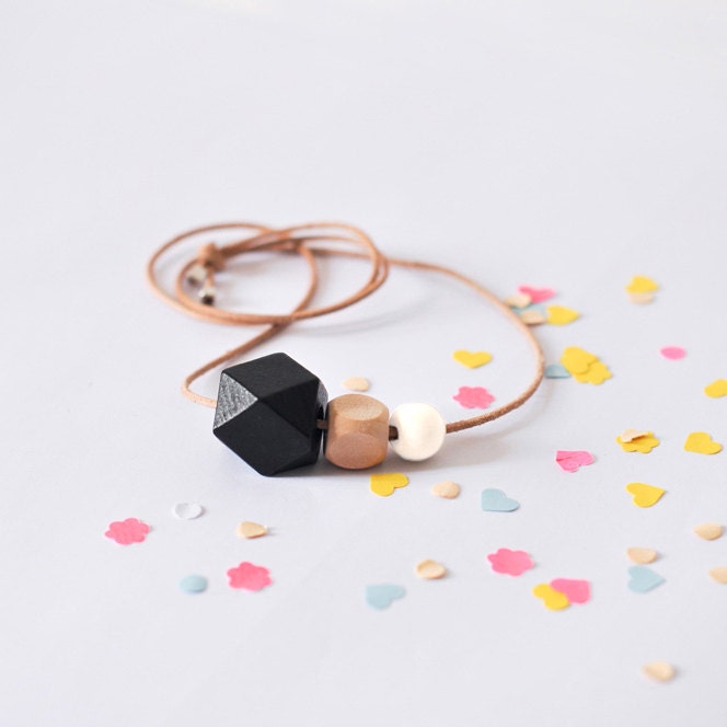 Geometric wooden bead necklace .  Natural, black & white