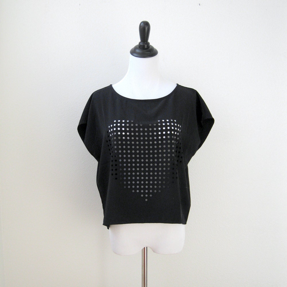 Laser Cut Pixelated Heart Black Shirt - Grunge Medium Women's Boxy Cut Out Top
