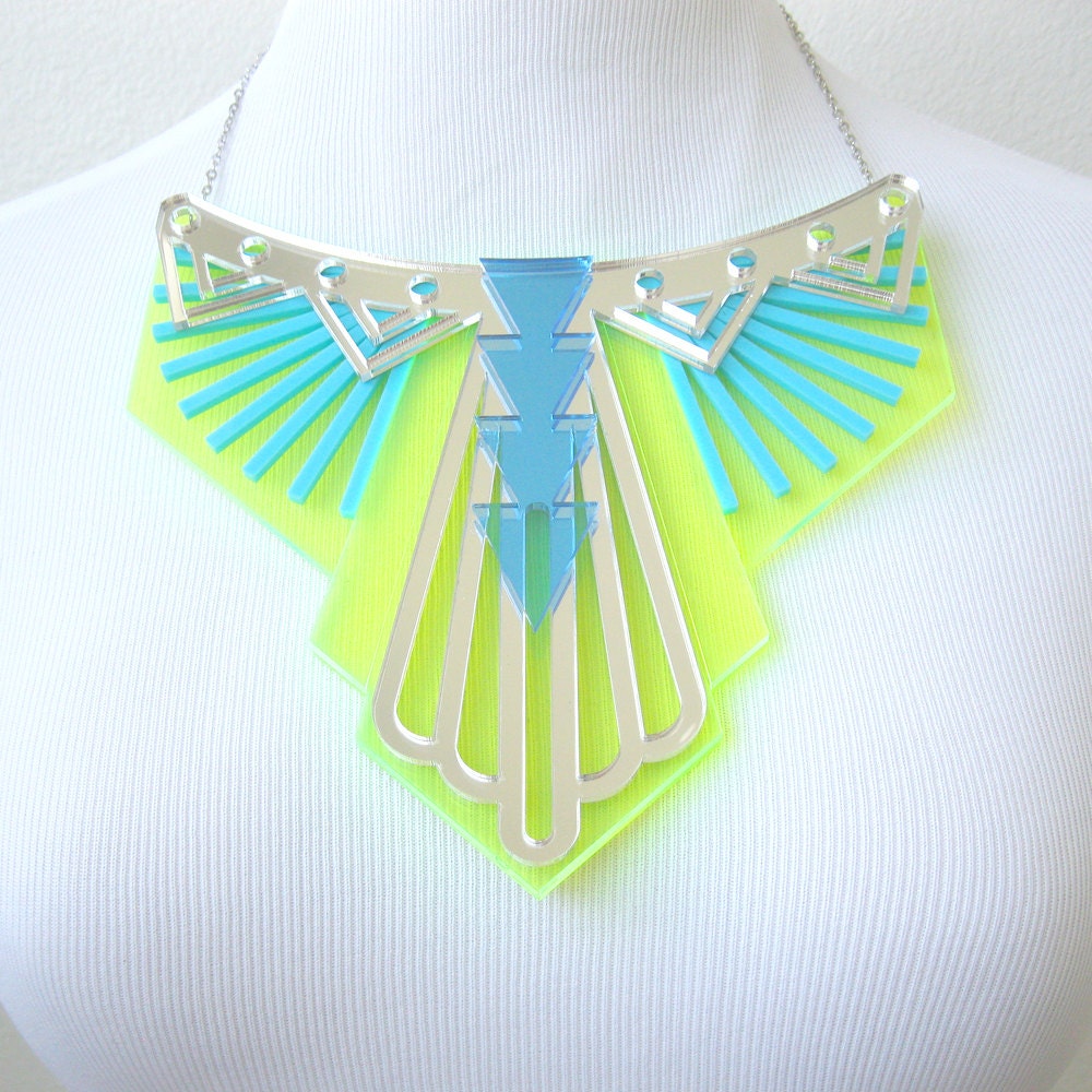 Neon Art Deco Bib Statement Necklace - Modern Tribal Geometric Acrylic Laser Cut Jewelry