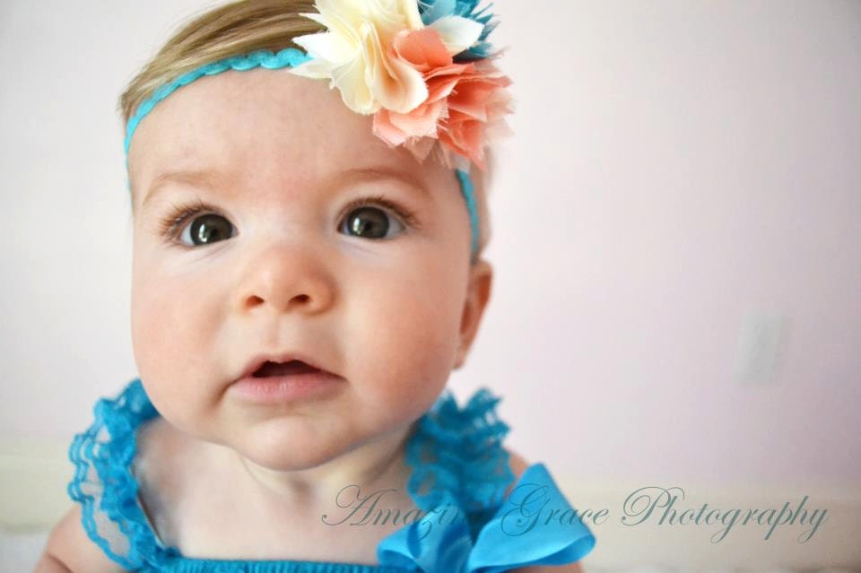 Baby Elastic Headband - Peach Cream and Aqua Satin and Organza Flower Cluster