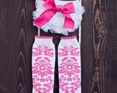 Ruffle bloomer and headband set. Pink and white demask leg warmers with ruffle bloomers and headband