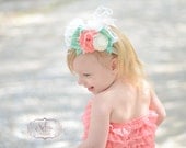 lace romper with matching headband- coral romper with mint, ivory and coral silk bow and shabby headband