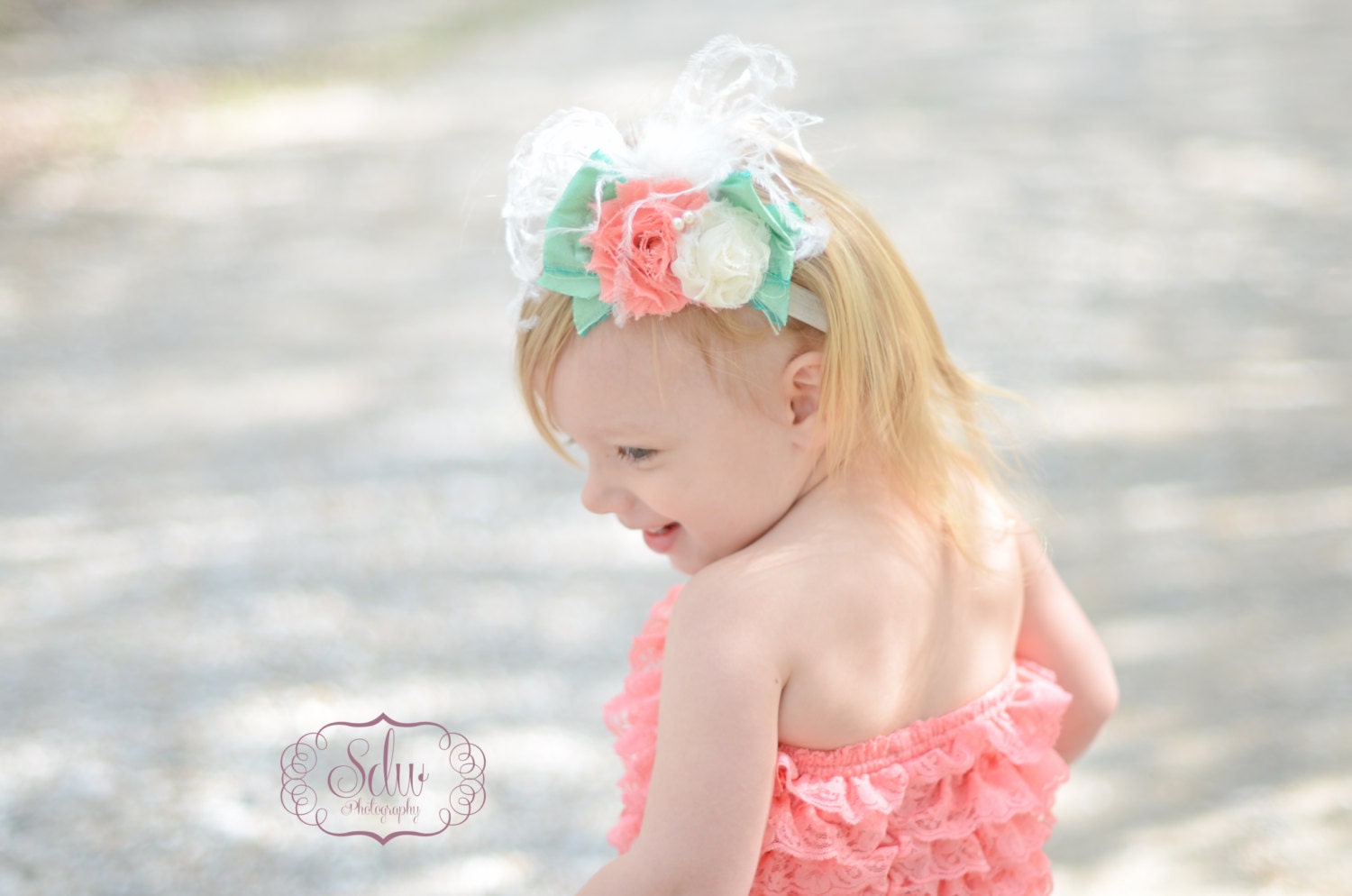 lace romper with matching headband- coral romper with mint, ivory and coral silk bow and shabby headband