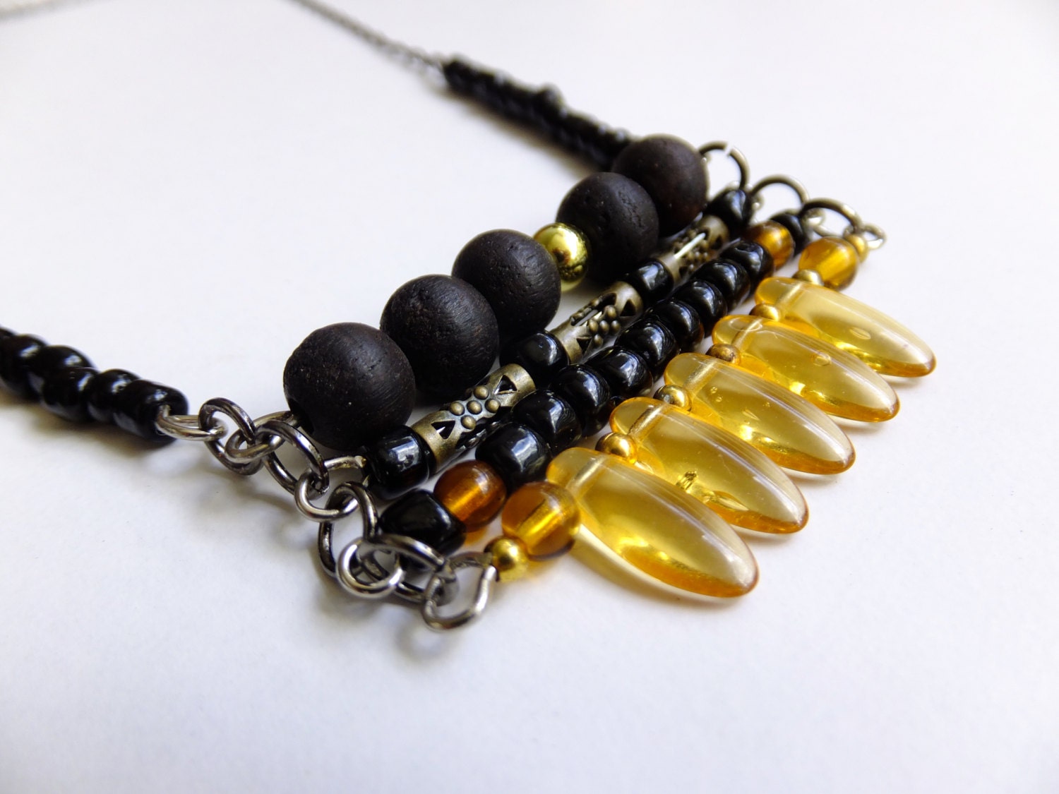African Tribal Necklace, Black, Amber, Gold Beaded, Brass, Czech Glass Beads, Geometric Necklace, Handmade, Abacus