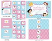 DIY -  Printable: Little Mermaid Pink Blue Green Birthday  Set -  14 items (invitation, party circles, water bottle labels, banner and more)
