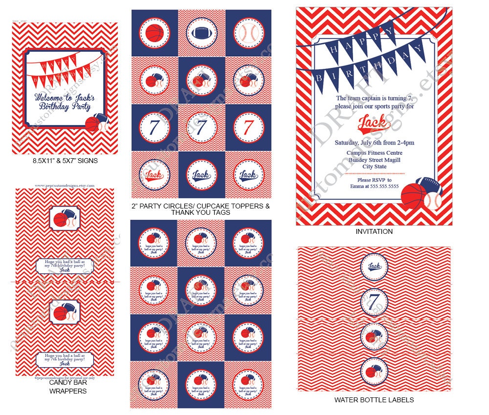 DIY -  Printable: Sports Birthday Party Set (Red & Navy)  16 items (invitation, party circles, water bottle labels, banner and more)