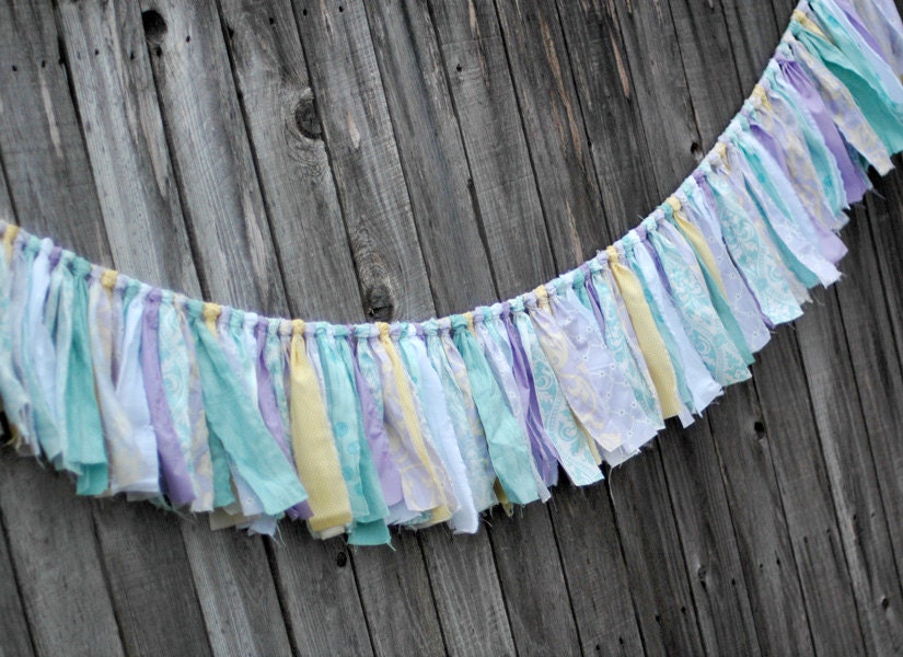 Easter Spring Shabby Torn Fabric Rag Garland Banner Bunting, Holiday Decor, Photo Prop - Lavender, Lilac, Aqua, Yellow, White - 6 feet