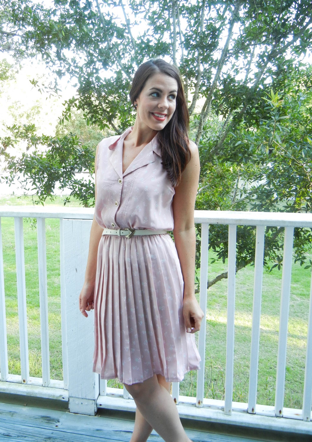 1980's Pink Floral Day Dress with Ivory and gold buttons