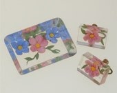Vintage Lucite Brooch, Earrings Reverse Carved Pink, Blue Flowers 1940s 1950s
