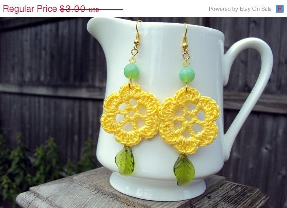 yellow daisy leaf crystal crochet statement  earrings