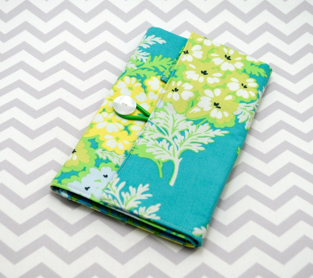 Pencil Crayon or Marker Roll, Crochet Hook Roll - Blue and Green Leaves Fabric