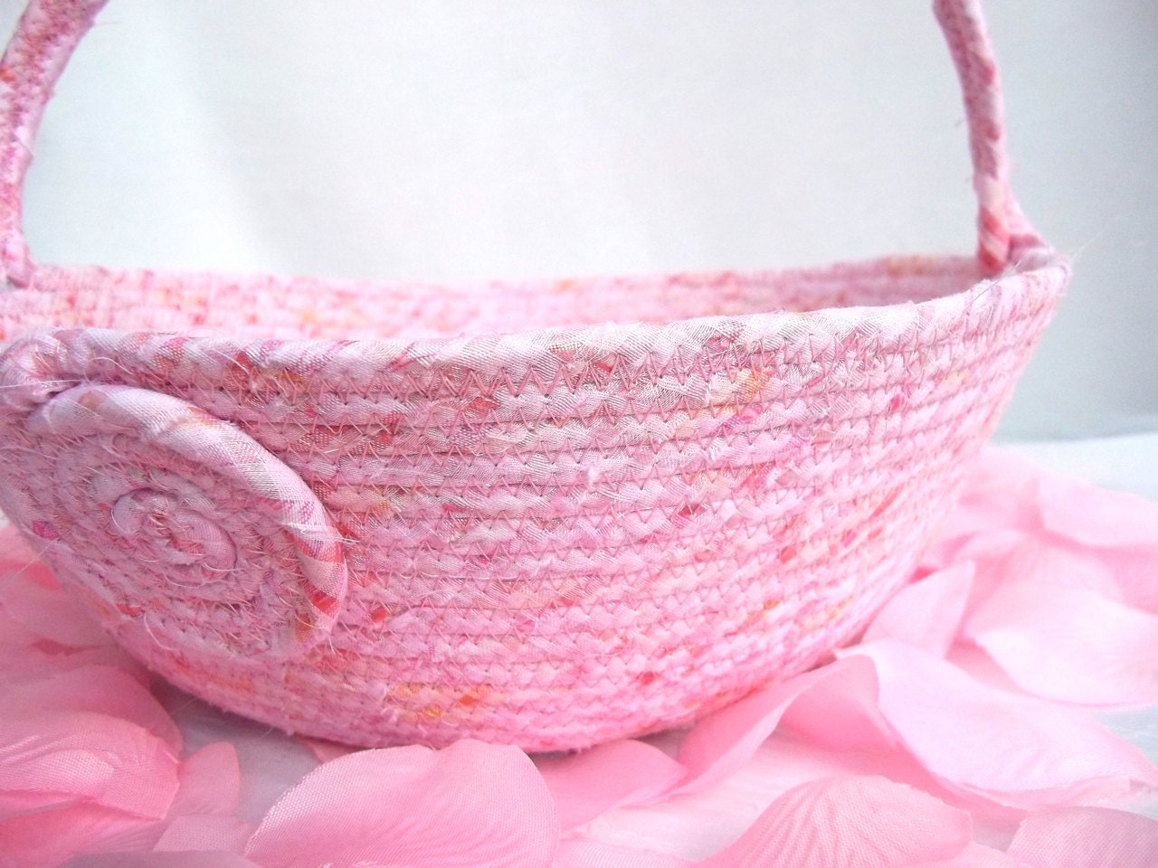 Handmade Flower Girl Basket, Pink and Peach Basket, Wedding Card Basket, hand wrapped and coiled fabric