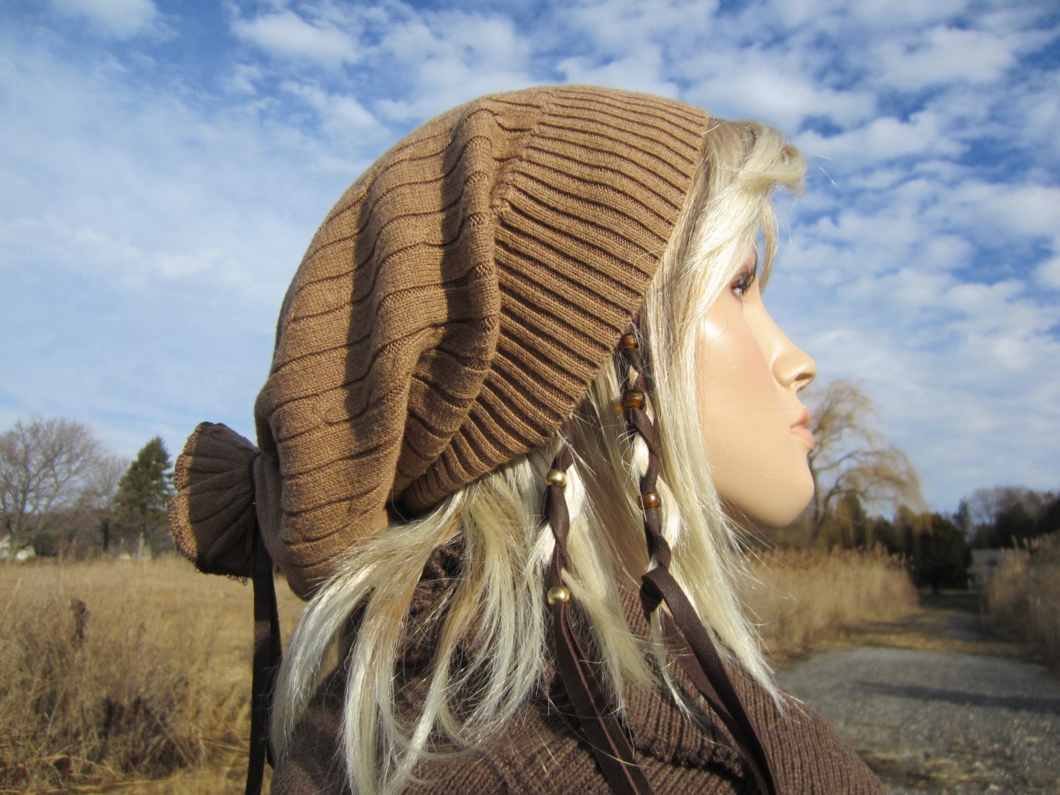 Men's Artist Style Slouchy Beanie Hat,  Cable  knit Oversized Camel Brown Tam A862