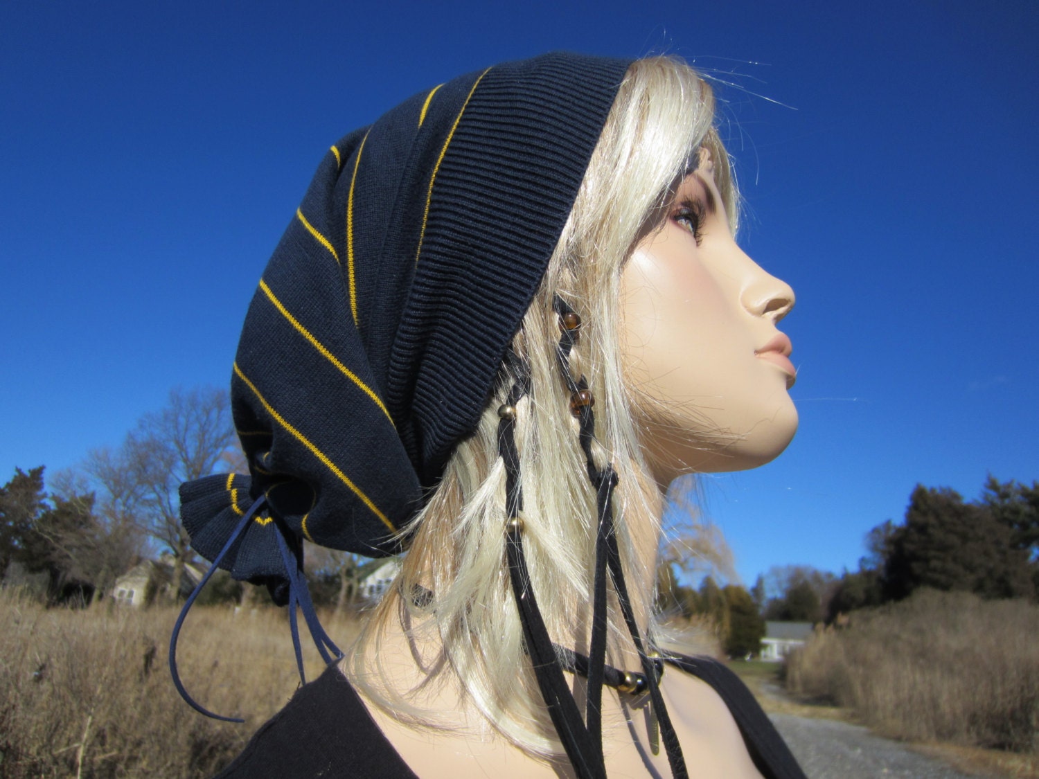 Stripe Beanie Cap Slouchy Tam School Colors Navy Blue Gold Yellow Stripe Slouch Hat A912