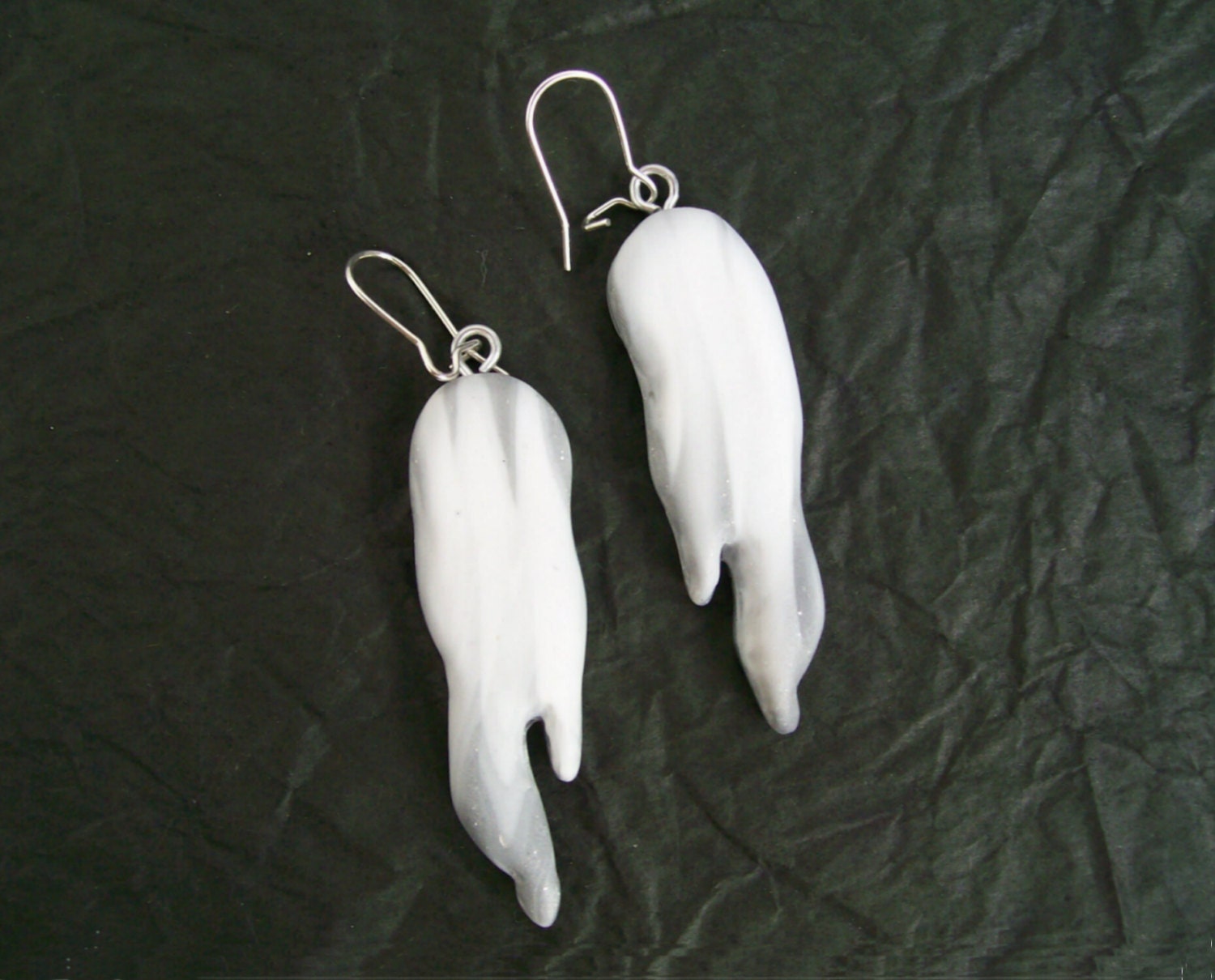 Icicles dangle earrings white and silver polymer clay earrings winter season stripy earrings one-of-a-kind unique design