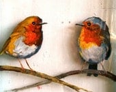 Hello .  Original Painting of  Little European Robyns on Glass // Little Birds Painting // 11 x 14