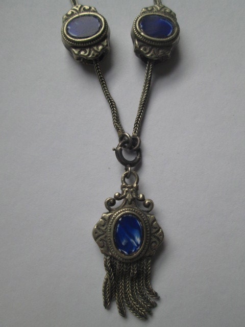 Vintage Lavalier Slide Tassel Necklace Cobalt Blue Enamel Silver Edwardian Antique Jewelry