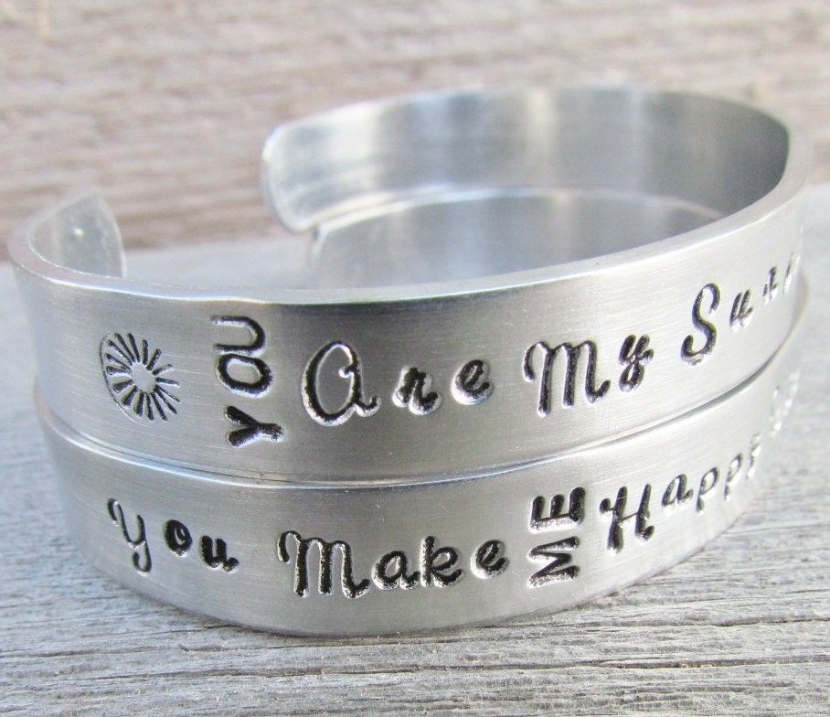 Bracelet Set You Are My Sunshine You Make Me Happy When Skies Are Gray Bracelets Cuffs Set of 2 Hand Stamped Cuff Silver Aluminum Metal