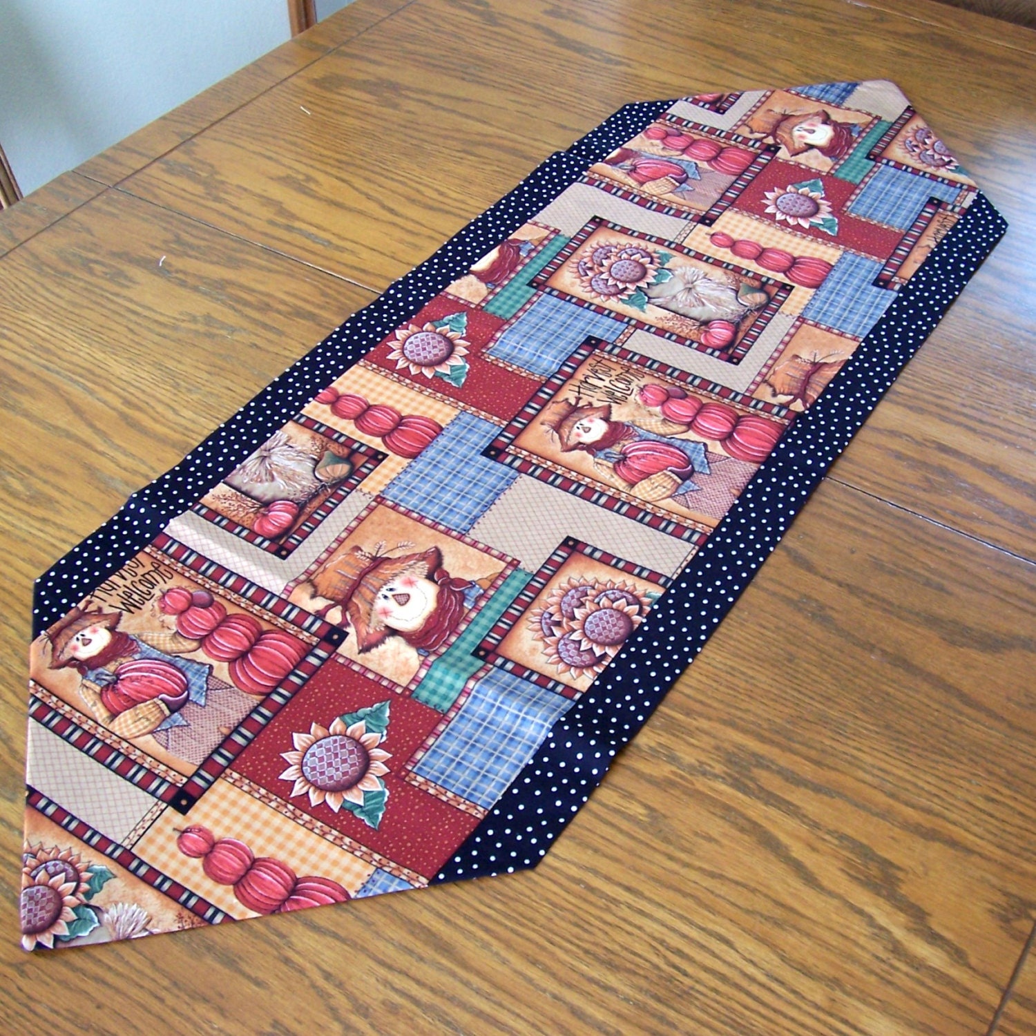 Fall Table Runner with Scarecrows, Sunflowers, and Pumpkins