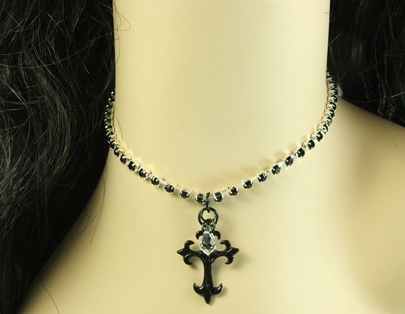 Black Rhinestone and Cross Choker. Gothic Cross Choker.  Womens black rhinestone necklace