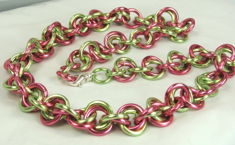 Chainmaille Necklace  Womens Handmade chain Watermelon Pink and Green Chain Summer Jewelry