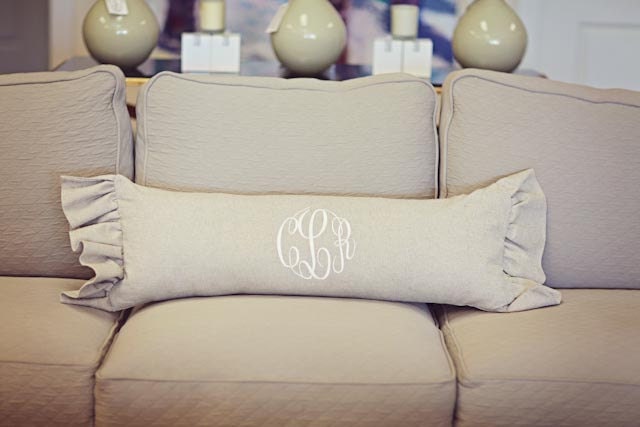 Monogrammed Linen Large Lumbar with Side Ruffles