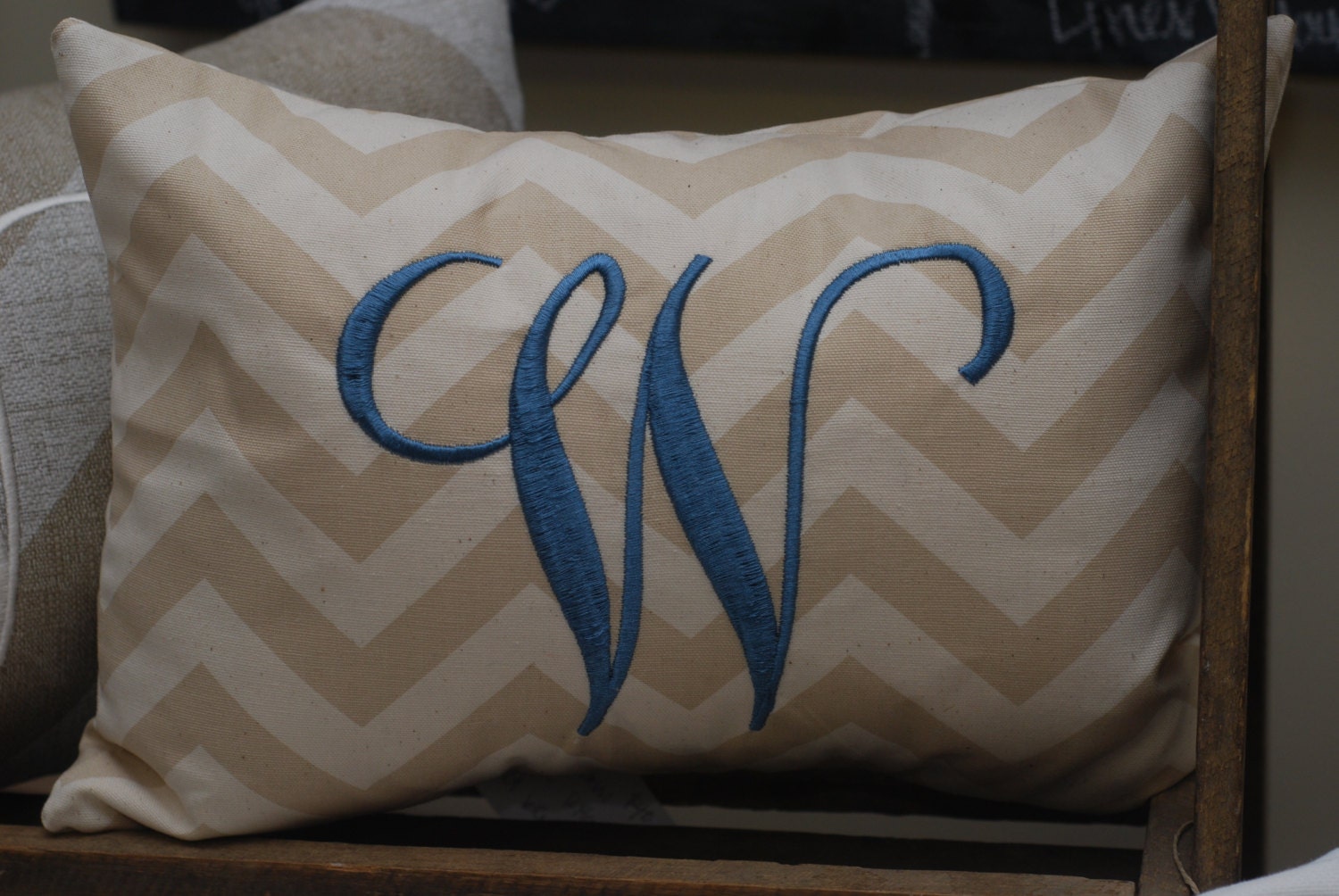 Monogrammed Tan/Cream Chevron Print Throw Pillow-12x16