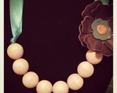 Turquoise Ribbon Natural Wooden Bead Necklace with Leather Flower