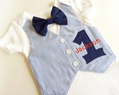 Navy Blue Seersucker First Birthday Applique Tuxedo Onesie Vest with Removable Matching Bow Tie