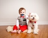Mustache Boy Gray Striped Tuxedo Onesie Vest with Matching Bow Tie