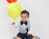 First Birthday Long or Short Sleeve Tuxedo Onesie with Matching Polka Dot Bow Tie