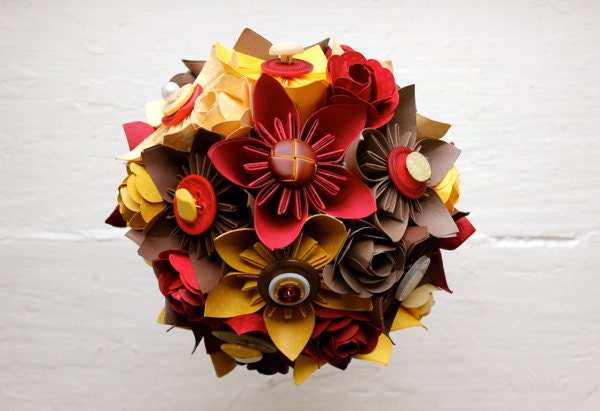 Paper Flower Bouquet - Wedding, Yellow, Red, Brown, Kusudama, Paper Rose