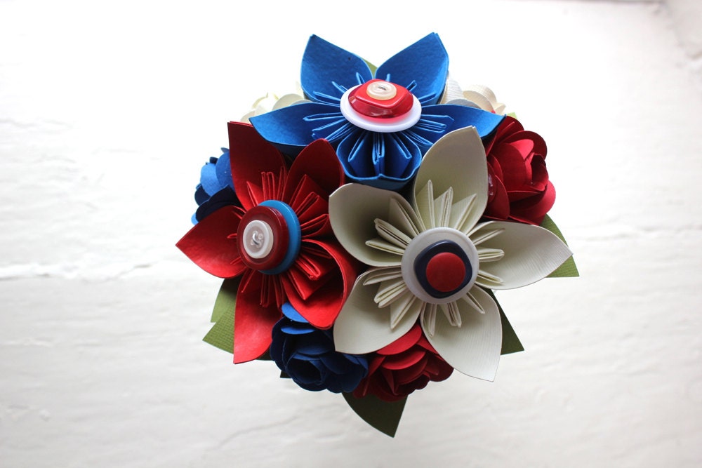 Paper Flower Bouquet, Toss Bouquet, Wedding, Red, White and Blue, Kusudama, Rose