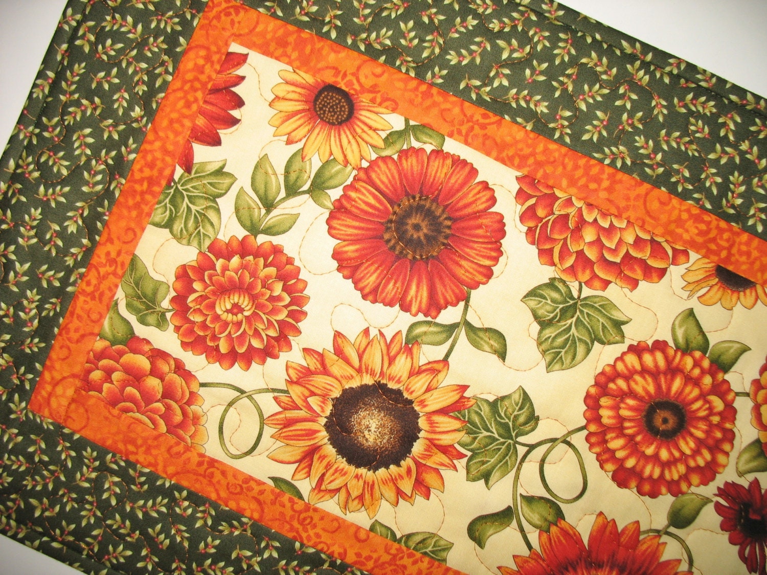Floral Table Runner in Zinnias and Sunflowers fabric from Henry Glass quilted