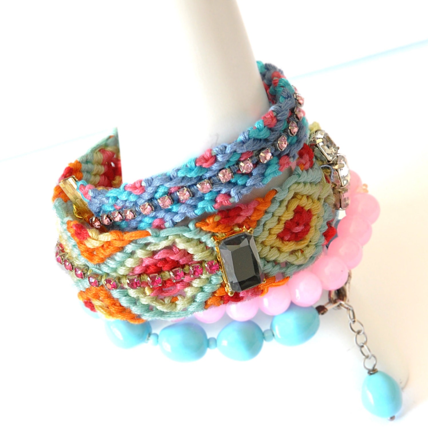 Friendship Rhinestones Bracelets Cuff Hand Sewn Summer Collection Jewelry Mixed Media Macrame Accessories for her Set Of Two