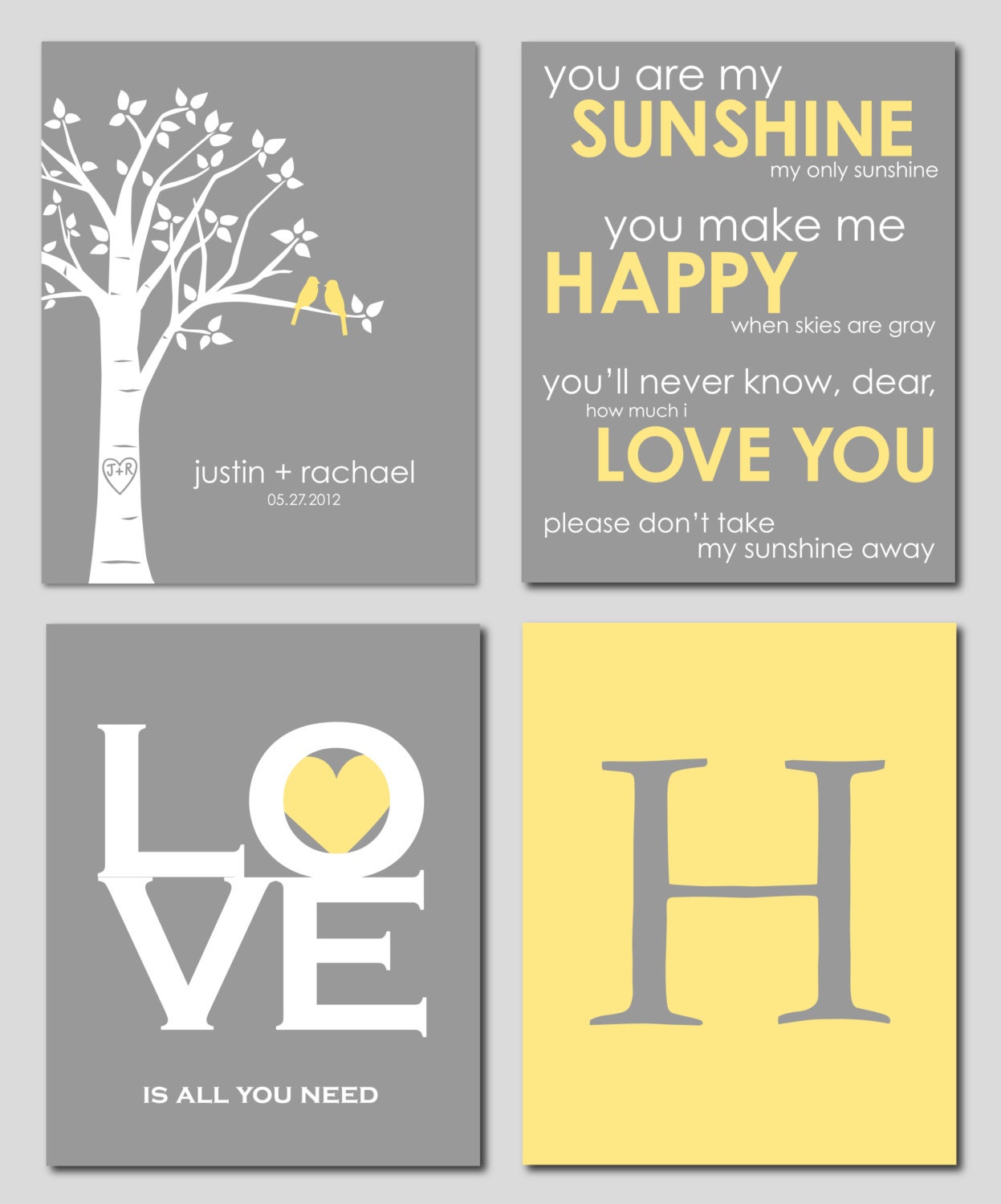 Modern Newlywed Quad - Family Tree- Love Is All You Need - You Are My Sunshine - Mongram - Set of four art prints -  8"x10"