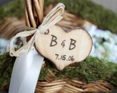 Woodland flower girl basket,  Engraved Wood Hearts,  Willow, Moss, Ivory Ribbon