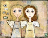 Mixed Media Art: Friendship Girls 8x10 print - Whimsical Art, Inspirational Art, Wall Art, Friend Art, sisterhood, pink, blue, yellow