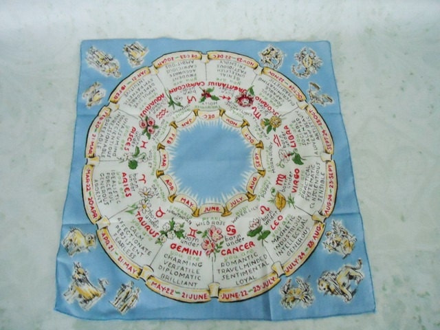 Fortune Zodiac Handkerchief - Retro 1960s Fortune Telling Hankie