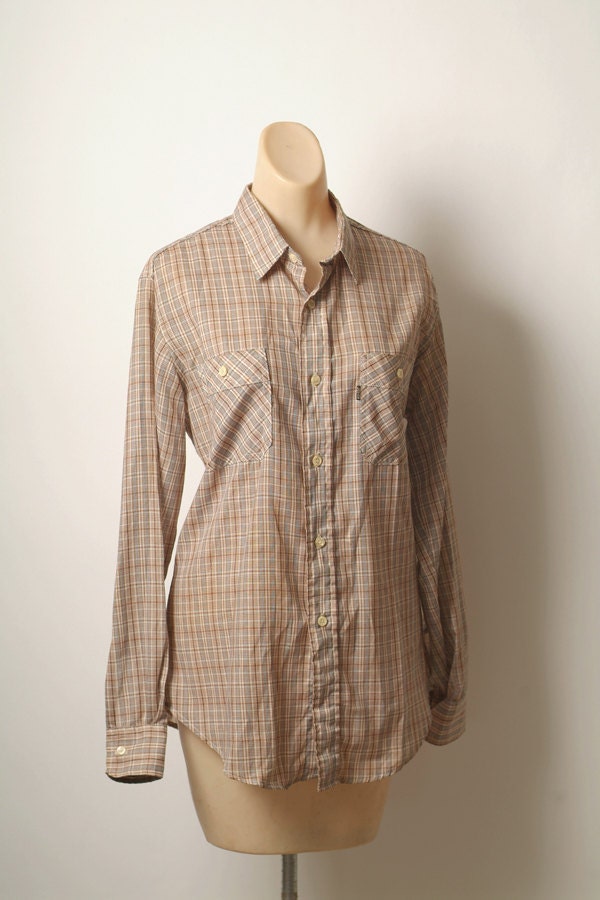Vintage 80s Men LEVIS Shirt / Button down Shirt / Plaid /  Brown / size large