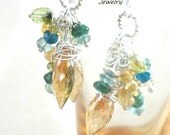 Dangle Earrings with Golden Mystic Quartz, Tsvarite Garnet, Citrine, Apatite and Sterling Silver