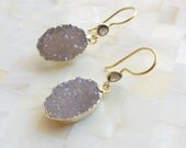 Gold Edge Sparkling Taupe Druzy Dangles on Bezel Smoky Quartz Vermeil Earwire Earrings (E1231)