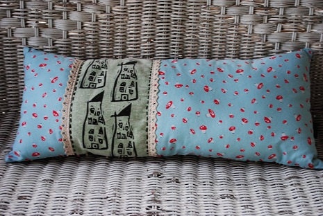 one of a kind hand printed houses pillow