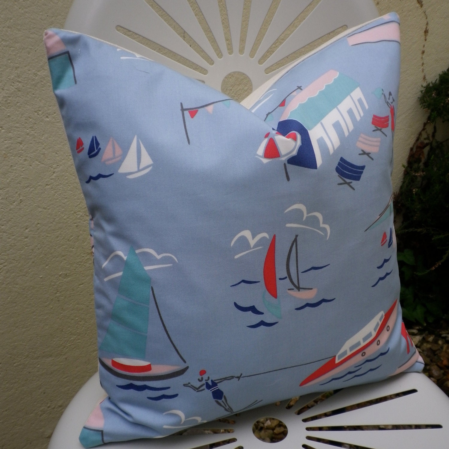 Retro Nautical Fabric Cushion Pillow Waterski Beach Hut Boat