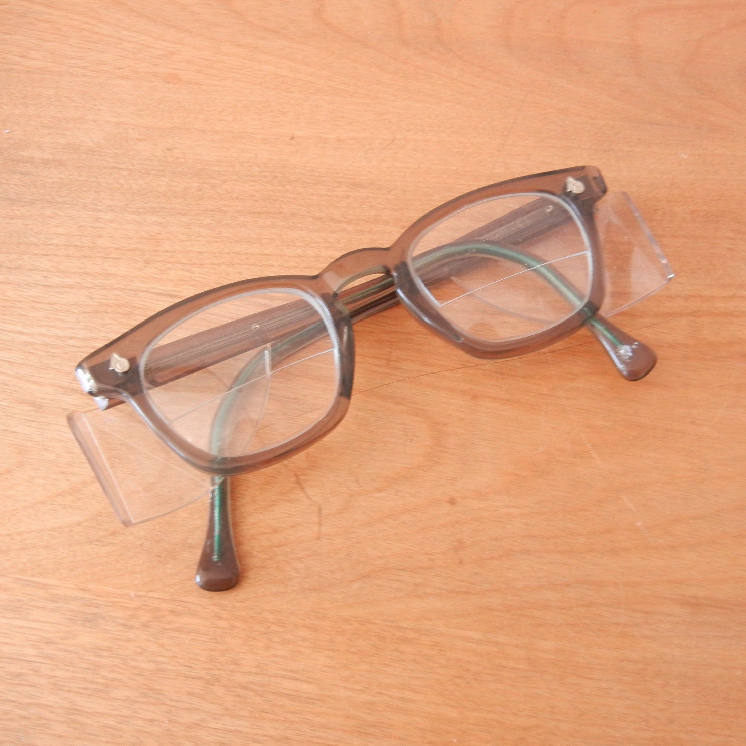 1960s Frames,  AO Flexi Fit Horn Rimmed Safety Glasses, Gray and Green