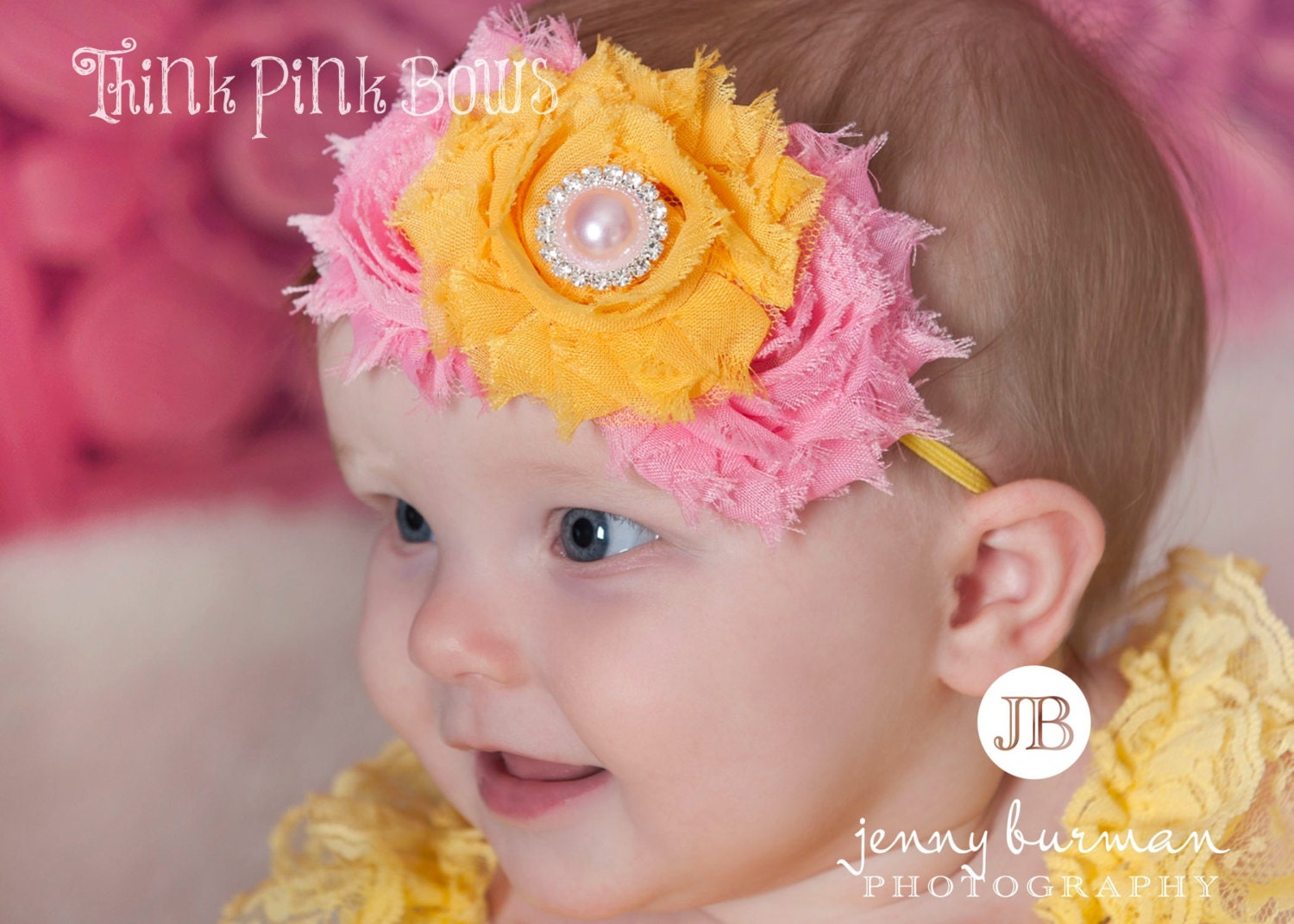 Baby Headband, Baby Girl Headband, Newborn Headband, Shabby Chic Headband,Baby Headbands,Pink Yellow Headband,Hair Bows, Baby headbands.